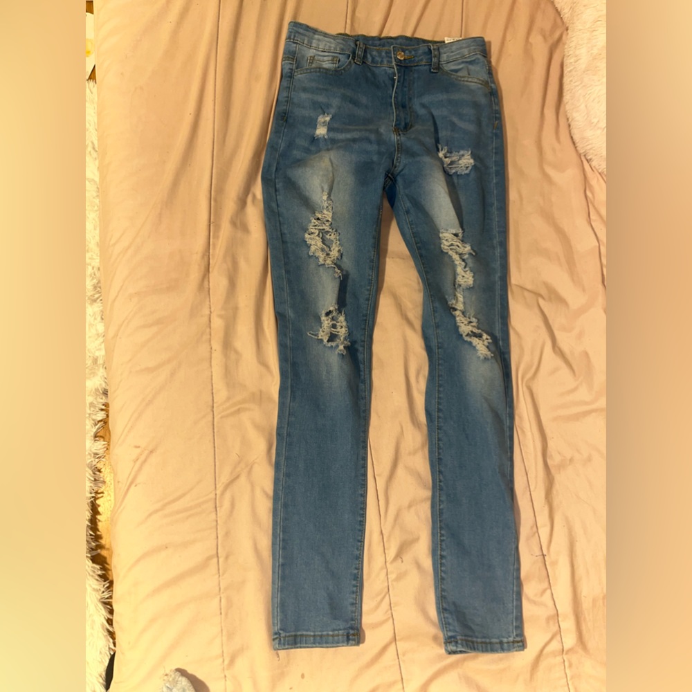 dark blue ripped skinny jeans, size : M